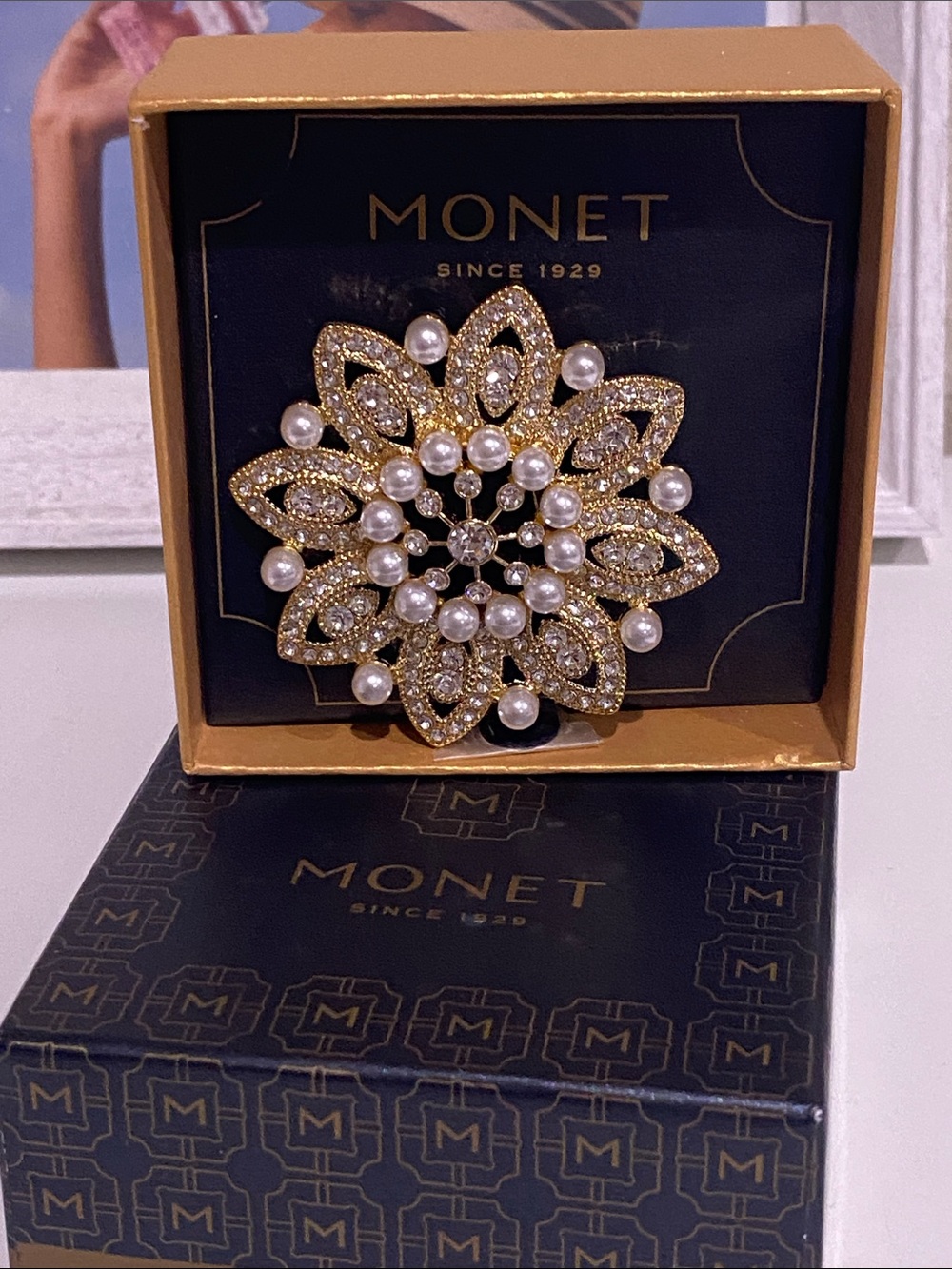 Monet Gold Floral Pearl & Crystal Brooch